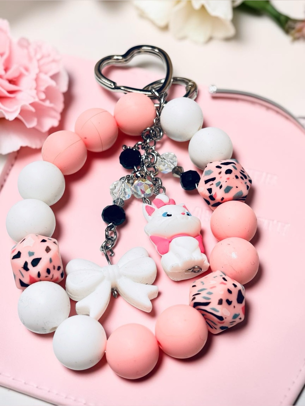 Pink White Silicone Bead Cat Wristlet Keychain Bag Charm Silver heart